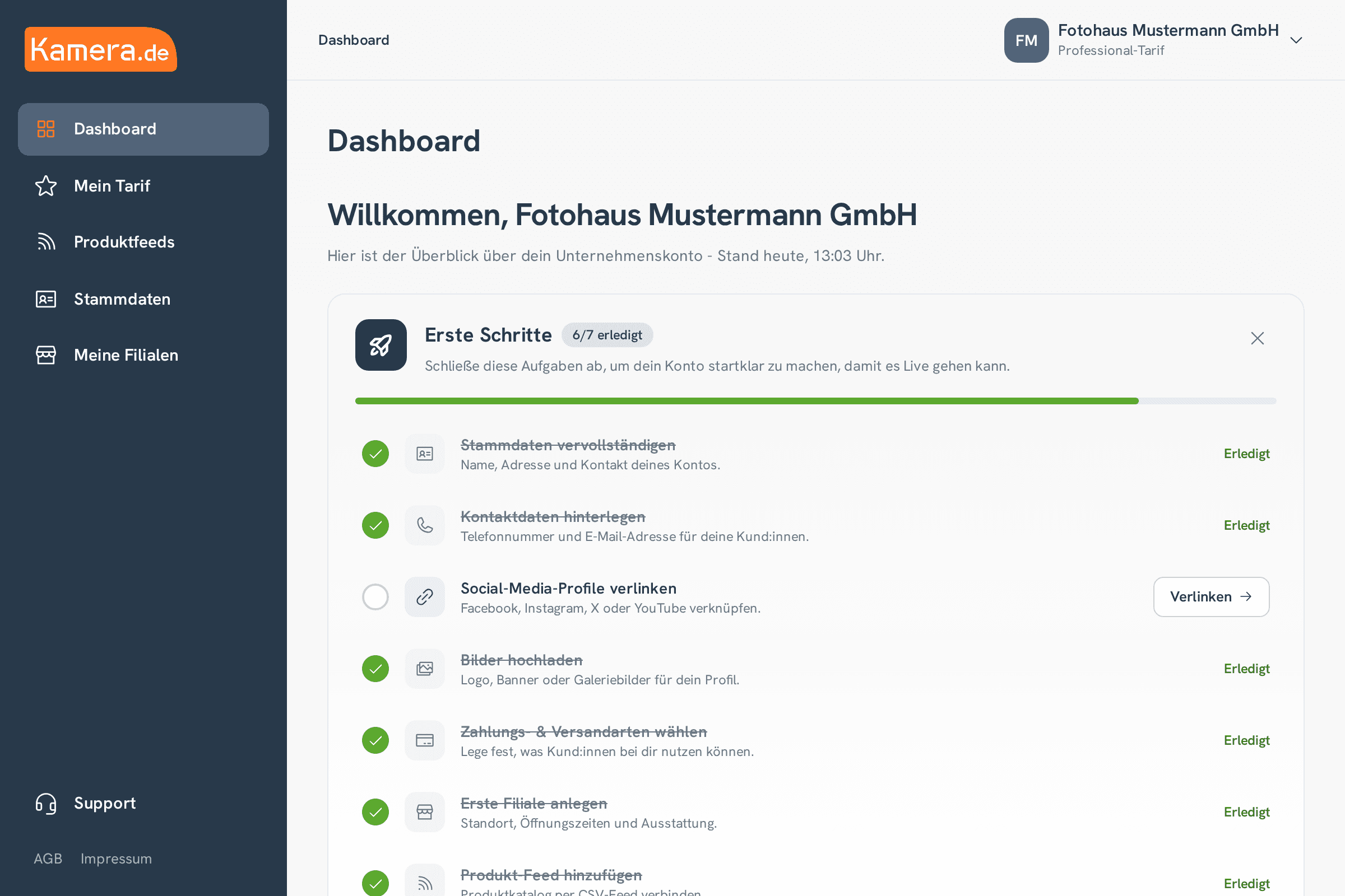 Dashboard der kamera.de App nach dem Login mit der Checkliste für die ersten Schritte