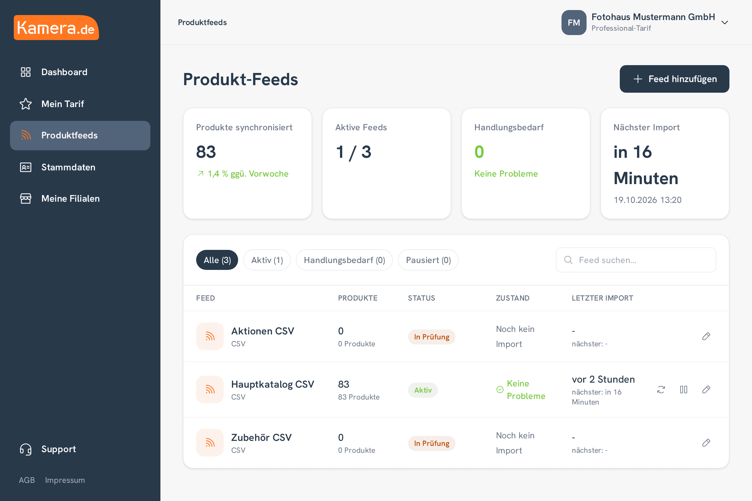 Produktfeed-Übersicht in der kamera.de App: synchronisierte Produkte, aktive Feeds, Status und nächster Import