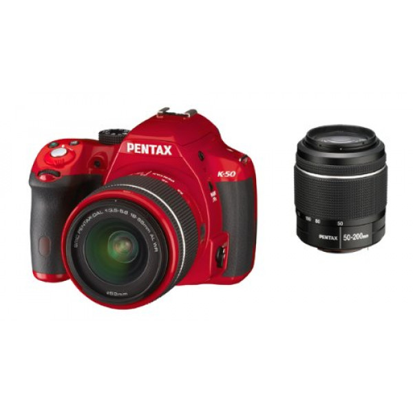 Pentax K 50 SLR-Digitalkamera (16 Megapixel, APS-C CMOS Sensor, 1080p, Full HD, 7,6 cm (3 Zoll) Display, Bildstabilisator) rot inkl. Objektiven DA L 18-55 mm WR and DA L 50-200 mm WR-37