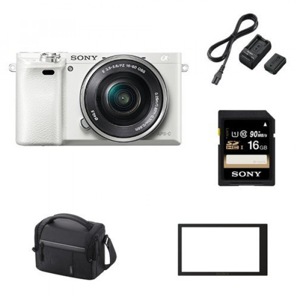 Sony Alpha 6000 Systemkamera (24 Megapixel, 7,6 cm (3") LCD-Display, Exmor APS-C Sensor, Full-HD, High Speed Hybrid AF) inkl. SEL-P1650 Objektiv weiss + Sony ACCTRW.CEE Akku Kit mit BCTRW Ladegerät und NPFW50 W-Serie Li-Akku + Sony SF16U Class6 16GB SDHC-31