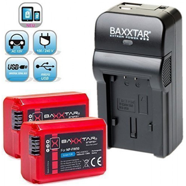 Baxxtar RAZER 600 II Ladegerät 5 in 1 + 2x Baxxtar PRO ENERGY Akku für Sony NP-FW50 (echte 1080mAh) passend zu Sony ILCE QX1 Alpha 5000 5100 6000 6300 Alpha 7 und 7 II 7S CyberShot DSC RX10 Sony NEX-6 NEX-F3 NEX-7 NEX-7B NEX-7C NEX-7K NEX-3 NEX-3N NEX-37