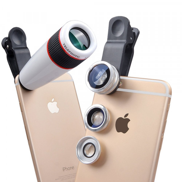 Apexel 4in1 Objektiv Kamera Zubehör: Universelles Teleobjektiv 12-fach Zoom Teleskop Weitwinkel-, Silber Fischauge und Makro-Objektiv Linse für iPhone 6/6S,6plus/6s plus,5 5S iPad, Samsung Galaxy S7/S7 Edge,S6/S6 Edge,S5 S4, Note 5 4 3 ect-38