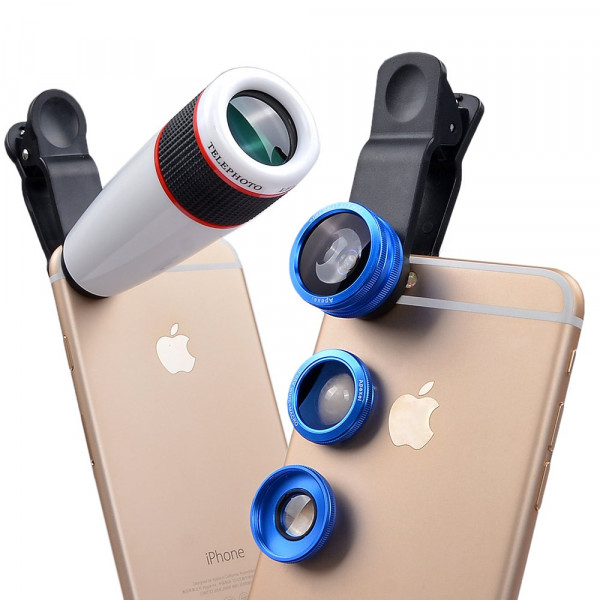 Apexel 4in1 Objektiv Kamera Zubehor Universelles Teleobjektiv 12 fach Zoom Teleskop Weitwinkel Blau Fischauge und Makro Objektiv Linse fur iPhone 6 6S 6plus 6s plus 5 5S iPad Samsung Galaxy S7 S7 Ed...