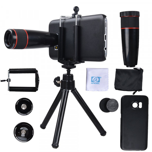 Samsung Galaxy S7 Kamera-Objektiv-Set mit einem 12x Teleobjektiv / Fisheye Objektiv / 2 in 1 Makroobjektiv und Weitwinkel-Objektiv / Mini-Stativ / Universal-Halterung / Hard Case für Samsung Galaxy S7 Samt Handytasche / Apexel Mikrofaser Reinigungstuch-39