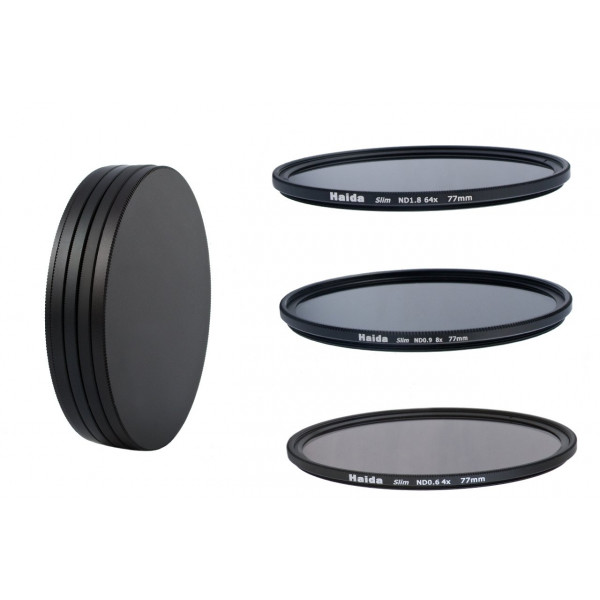 HAIDA Slim Neutral Graufilter Set 77mm bestehend aus ND4x, ND8x, ND64x Filtern inkl. Stack Cap Filtercontainer + Pro Lens Cap mit Innengriff-36
