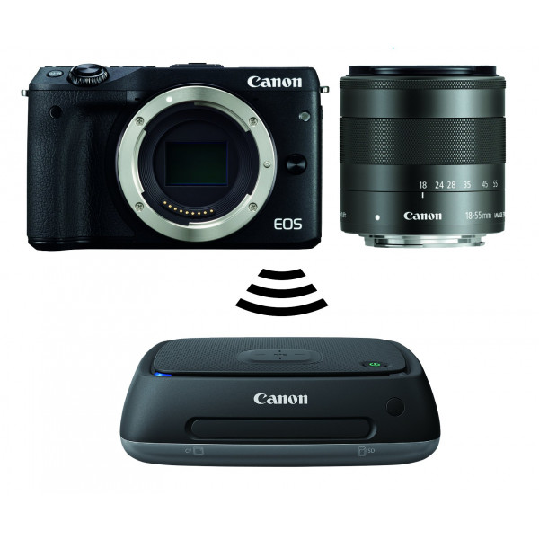 Canon EOS M3 Systemkamera (24 Megapixel APS-C CMOS-Sensor, WiFi, NFC, Full-HD) Kit inkl. EF-M 18-55 mm IS STM Objektiv schwarz plus Connect Station CS100-31