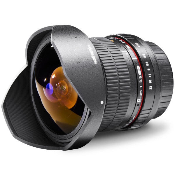 Walimex Pro 8 mm 1:3,5 DSLR Fish-Eye II Objektiv AE für Nikon F Objektivbajonett schwarz (mit abnehmbarer Gegenlichtblende)-35