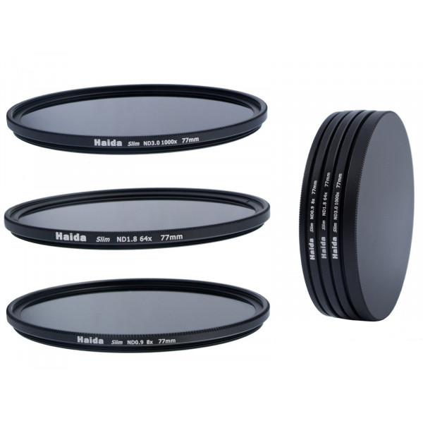 Slim Neutral Graufilter Set 77mm bestehend aus ND8, ND64, ND1000 Filtern 77mm inkl. Stack Cap Filtercontainer + Pro Lens Cap mit Innengriff-39