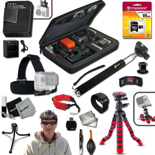 Xtech® Ideal 21 Piece Accessory Kit for GoPro HERO4 Hero 4 Digital Camera Includes Head Strap Mount, 16GB High Speed Memory Card + High Capacity AHDBT-401 Battery + Quick Dual Charger + 12" inch Highly Flexible Tripod + Custom Large size Case, Hand Held M-38
