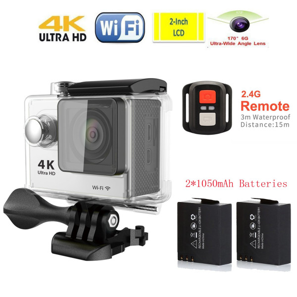 Lyhoon 2 Zoll 4K Wasserdicht 170 Grad Ultra-Weitwinkel Objektiv Sport Kamera Action mit zwei 1050mAh Akkus WIFI 2.4G Fernbedienung mit Zubehör Kits für Fahrrad Motorrad Tauchen Schwimmen usw(Silber, 4K)-310