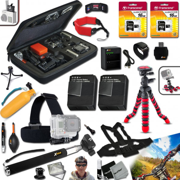 Xtech® Pro 29 Piece Accessory Kit for GoPro HERO4 Hero 4 Digital Camera Includes a Head Strap Mount, Chest Strap Mount, Hand Held Monopod, 32GB High Speed Memory Cards, 12" inch Flexible Tripod, Floating Bobber Handle, 2 AHDBT-401 Batteries, Quick Dual Ch-37