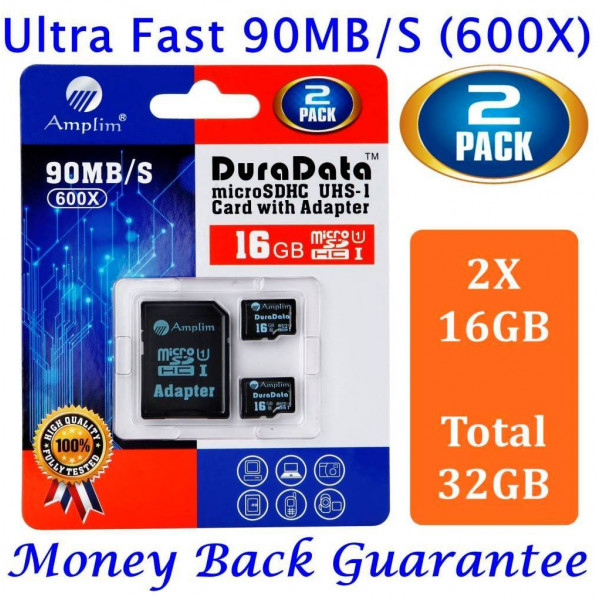 Zwei 16GB Micro SD Karte Plus Adapter (Class 10 UHS-I MicroSDHC Extrem Pro Speicherkarte) 16 GB Ultra Schnelle Geschwindigkeit 90MB/s 600X UHS-1 Microsd SDHC Pack. Amplim 16G Hochleistungs Handy TF 2X-37