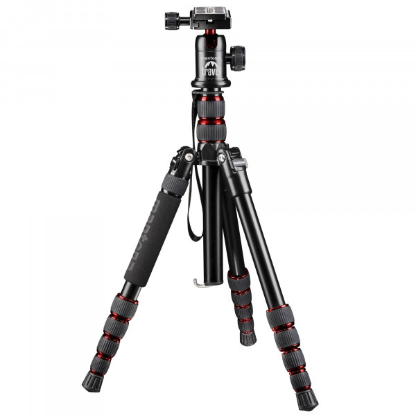 Mantona DSLM Reisestativ für System/DSLR/Kompaktkamera (143 cm (56,3 Zoll), Kugelkopf, Belastbarkeit: 5kg, drehbare Mittelsäule, kompaktes Packmaß) rot-311