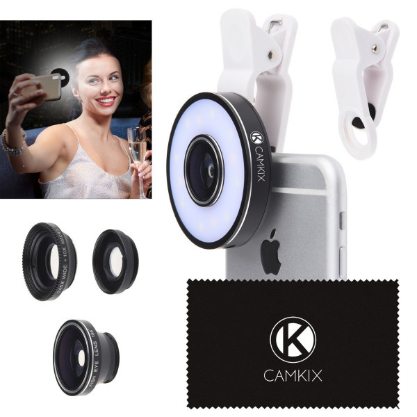 Kamera-Set mit LED-Ringlicht für Telefon / Tablet Universell Fischauge, Weitwinkel und Makro-Objektiv Erstaunliches Upgrade (für Apple iPhone 7 / SE / 6 / 6S, iPad, Samsung Galaxy S7/S7 Edge, Tab/ Note 7, etc.) (Universelles Kamera-Objektiv-Set mit-39