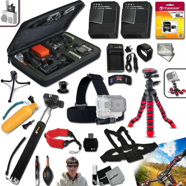 Xtech® Deluxe 23 Piece Accessory Kit for GoPro HERO4 Hero 4 Digital Camera Includes Head Strap Mount, Chest Strap Mount, 16GB High Speed Memory Card + 2 AHDBT-401 Batteries, Quick Dual Charger, 12" inch Highly Flexible Tripod, Custom Large size Case, Hand-37