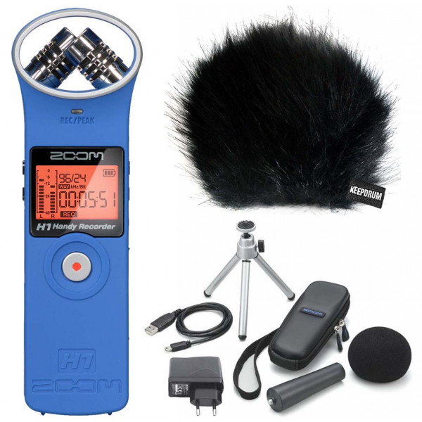 Zoom H1 BL Handy Recorder Blau + APH-1 Zubehörset + KEEPDRUM Fell-Windschutz-36