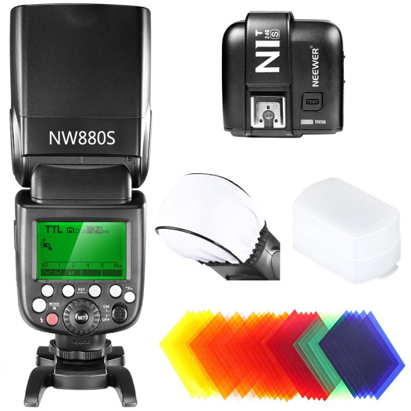 Neewer® 2.4G Funk 1/8000 HSS TTL Master / Slave-Blitz Speedlite Set für Sony-Kamera mit neuen Mi-Schuh, enthält (1) NW880S Blitz + (1) N1T-S Auslöser + (1) Hart and Weich Blitz-Diffusor + 35 Stück Farbfilter-38