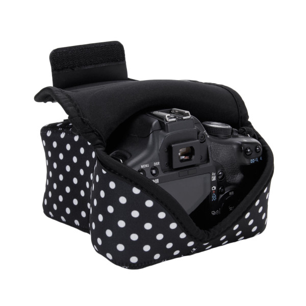 Flexible Neopren DSLR / SLR Kameratasche von USA Gear für Canon EOS 700D , Nikon D3300 , Sony Alpha A7 und mehr digitale SLR-Kameras , Flexsleeve , schwarz weiß gepunktet-38