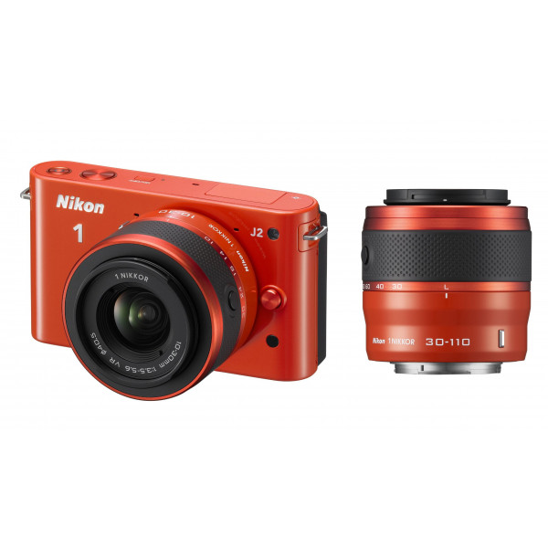Nikon 1 J2 Systemkamera (10,1 Megapixel, 7,5 cm (3 Zoll) Display) Double Zoom Kit inkl. Nikkor VR 10-30 mm/VR 30-110 mm orange-312