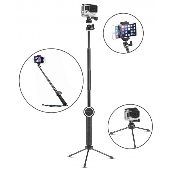 Supremery SupPole Q4 Erweiterbarer Selfie Stick Pole Selfiestange Stativ / Einbeinstativ mit Bluetooth Selbstauslöser + Dreibein Standfuß für GoPro Hero, Hero 4/3+/3/2/1 hd Kameras and Kompaktkameras mit 1/4" Gewindebohrung and Smartphones, mit Handy-Halter +-38