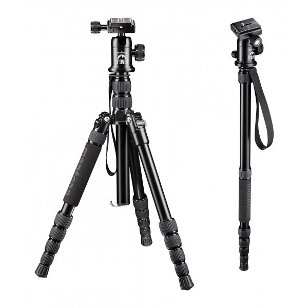 Mantona DSLM Travel Reisestativ (max. Höhe 143 cm, max. Belastbarkeit bis 5kg, drehbare Mittelsäule, inkl. Kugelkopf und Stativtasche, geeignet für DSLR, System und Kompaktkamera) schwarz-311