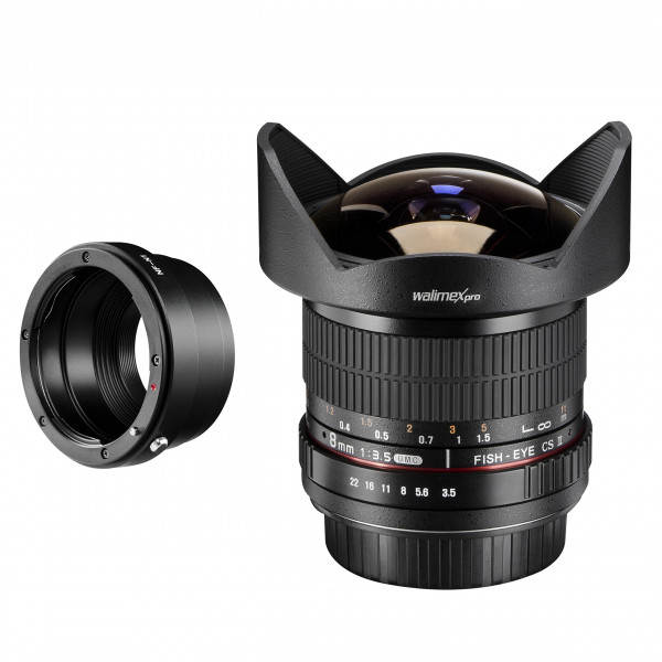 Walimex Pro 8 mm 1:3,5 CSC Fish-Eye II Objektiv für Nikon 1 Objektivbajonett schwarz-312