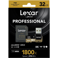 Lexar Professional 1800x microSDHC 32GB UHS-II W/USB 3.0 Reader Flash Memory Card LSDMI32GCRBEU1800R-22