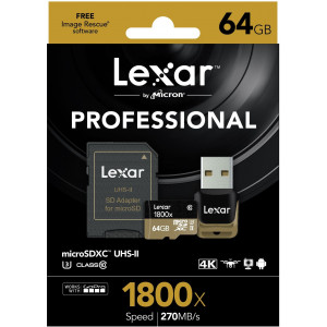 Lexar Professional 1800x microSDXC 64GB UHS-II W/USB 3.0 Reader Flash Memory Card LSDMI64GCRBEU1800R-22