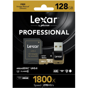 Lexar Professional 1800x microSDXC 128GB UHS-II W/USB 3.0 Reader Flash Memory Card LSDMI128CRBEU1800R-22